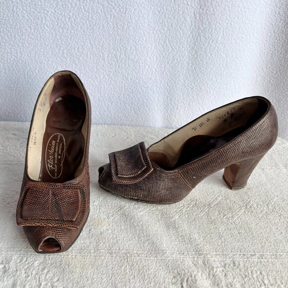 1940s Brown Lizard Look Leather Peep Toe Pumps As Is - Picture 1 of 15
